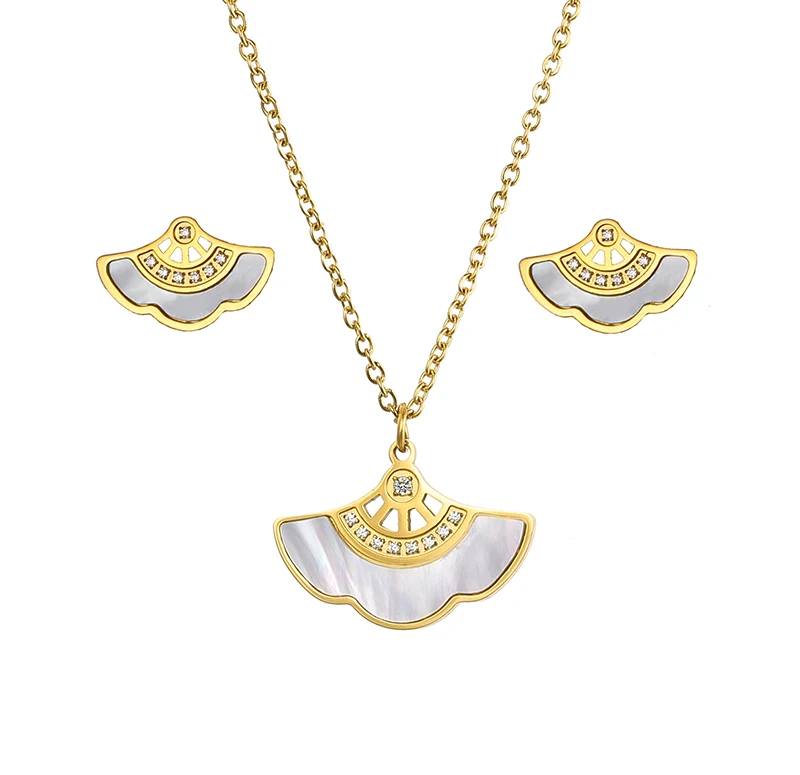 

Factory Wholesale 18K Gold Plated Ginkgo Biloba Stainless Steel Jewelry Gold Natural Shell Pendant Necklace And Earring Set, Custom color acceptable