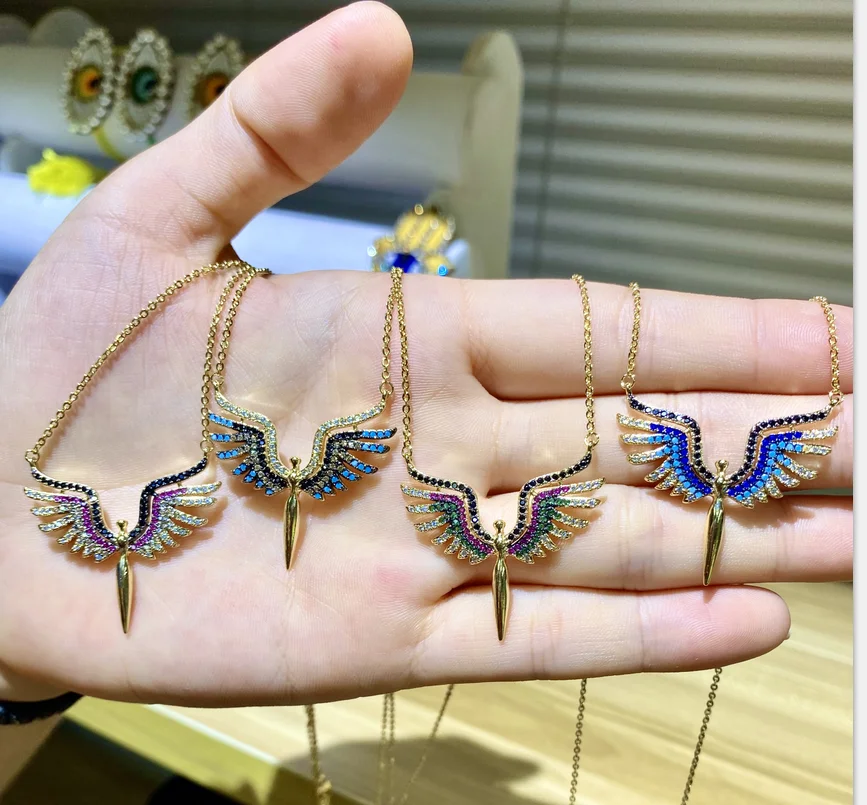 

The latest hot sale crystal rhinestone angel necklace jewelry multi-color wings unique design necklace