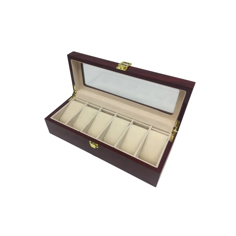 

New Style 6 Slots Rosewood Watch Box Women's Personalized Watch Box w/ Glass Top