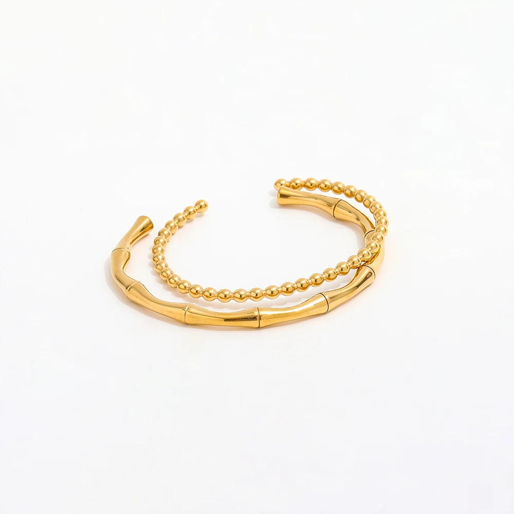 

High End 18K PVD Gold Plated Bamboo Cuff Bracelet Bead Bangle Bracelet Stainless Steel Jewelry
