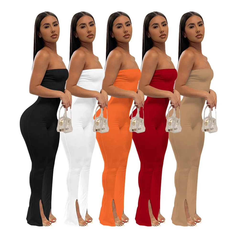 

2022 New Arrivals Summer Solid High Stretch Strapless Sexy Slim Slit Pants Jumpsuit Women Jumpsuit, White,red,black,orange,khaki