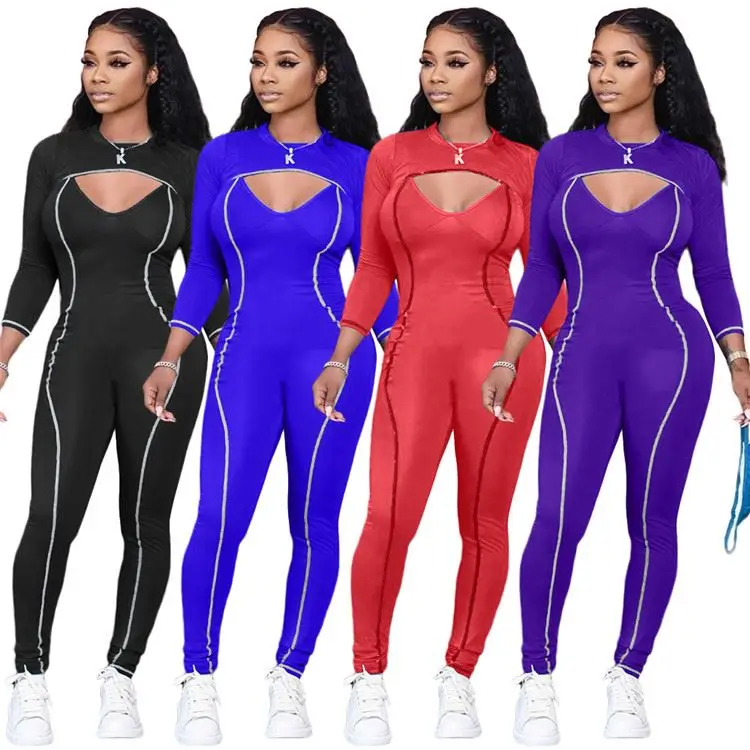 

2021 Lady Jumpsuit And Crop Jacket Long Sleeve Skinny Sexy Autumn Women Two Piece Set, Picture