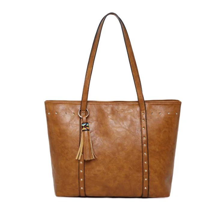 

New Arrival Fashion European Design Large Capacity Vintage Color Women Leather Handbags With Tassel Ornament, As pics