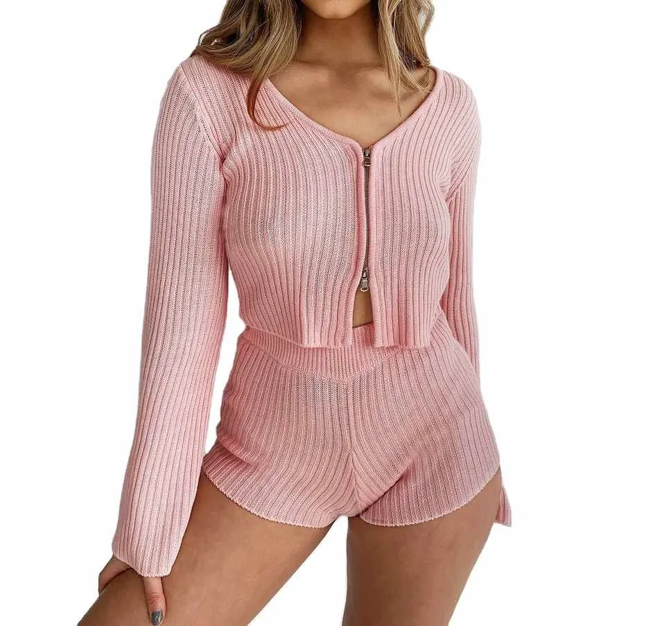 

Winter New Style Zipper V Neck Outftis Ribbed Cotton Long Sleeve Two Piece Shorts Set Woman