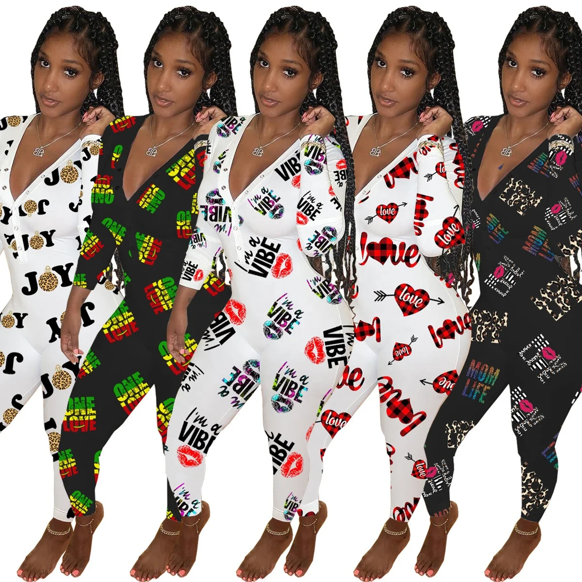 

LANOZY Hot Sell Long Sleeve Printed Top Grade V Neck Sexy One Piece Jumpsuit with Long Pants, 5colors