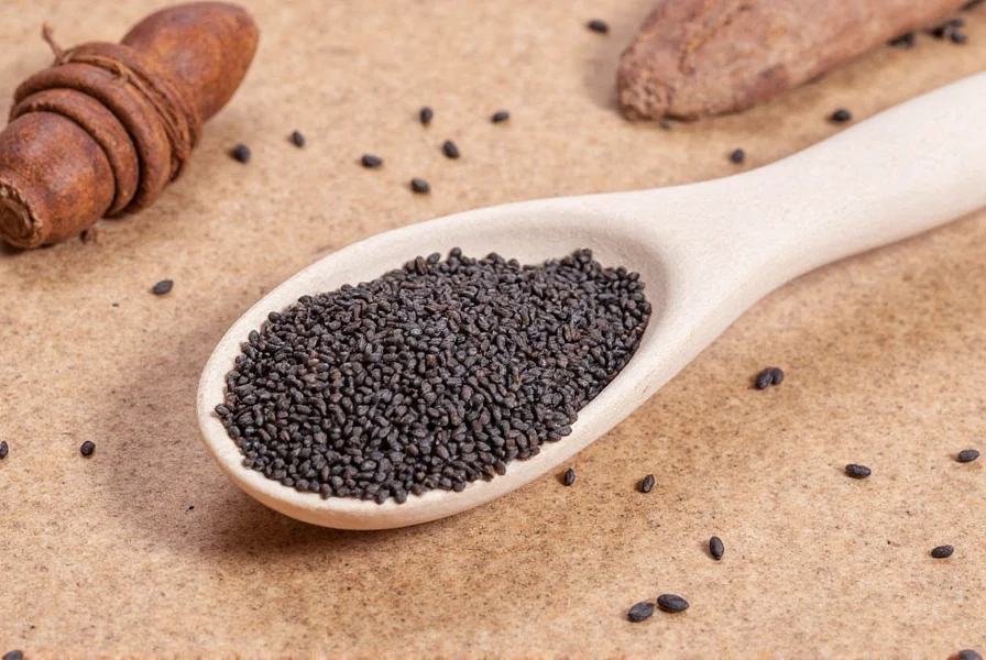 Black seeds next to cumin seeds for comparison