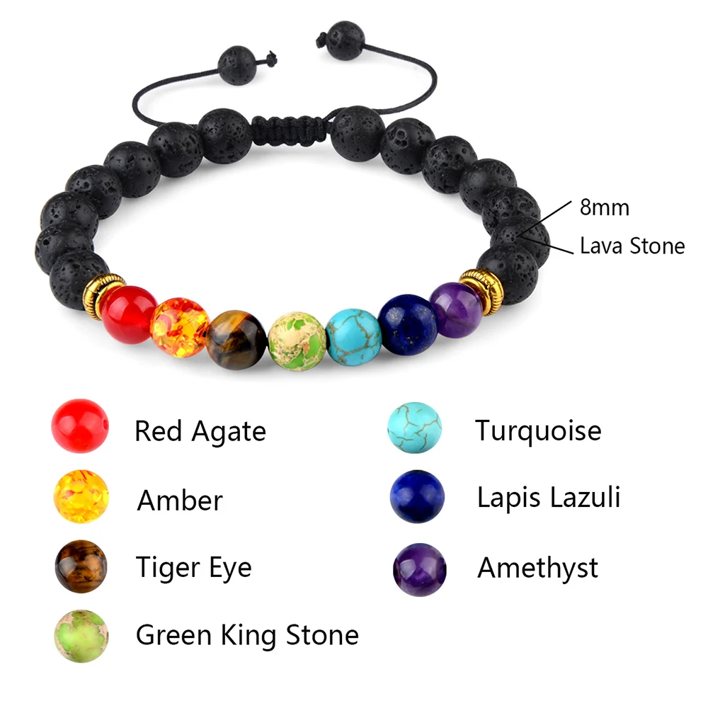 

Adjustable Natural Lava Stone Rock Braided Rope Yoga 7 Chakra Bead Bracelet for Women, Mix color