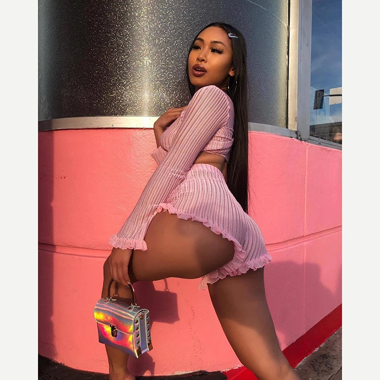 

2020 hot selling women's high elastic sexy pure color Chiffon splicing two piece set