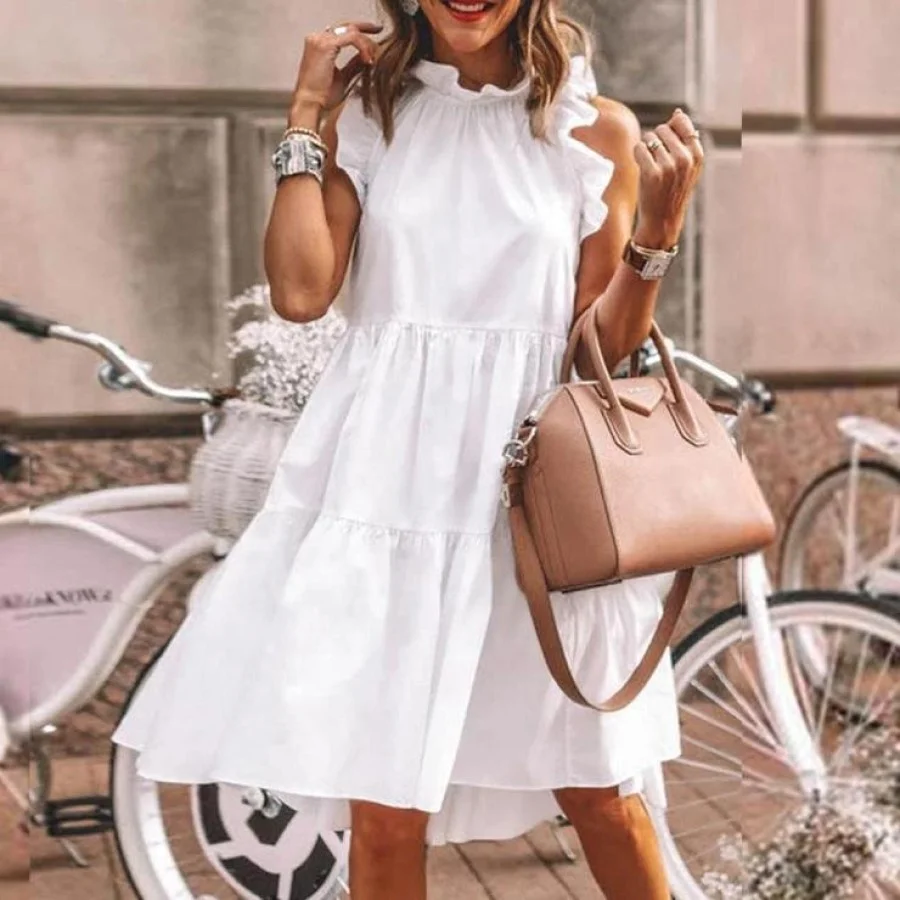 

Summer casual loose sleeveless long skirt Solid color round neck dress