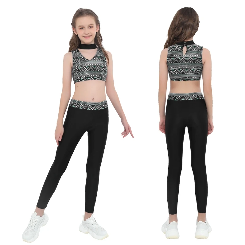 

In Stock Athletic Outfit Kids Tanks Crop Top with Leggings Girls Gym Yoga Dance Sports Tracksuit