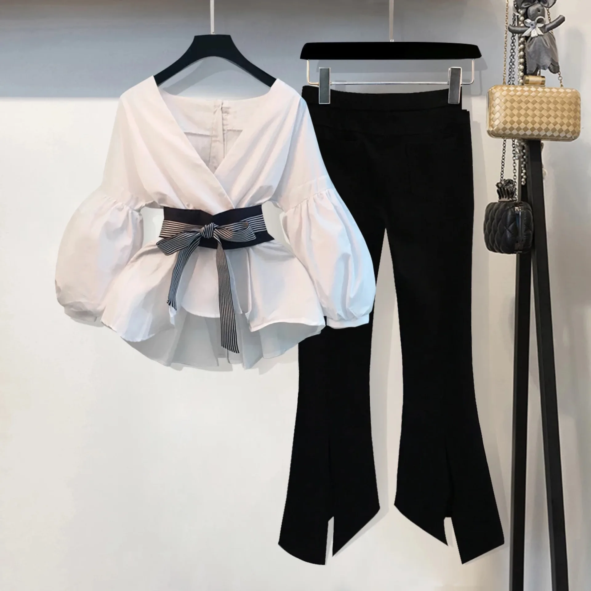 

S-4XL Women Korean Summer Office 2 Piece Set V-neck Lantern Sleeve Bow Striped Blouse Shirt + Split Pencil Flare Pant SET