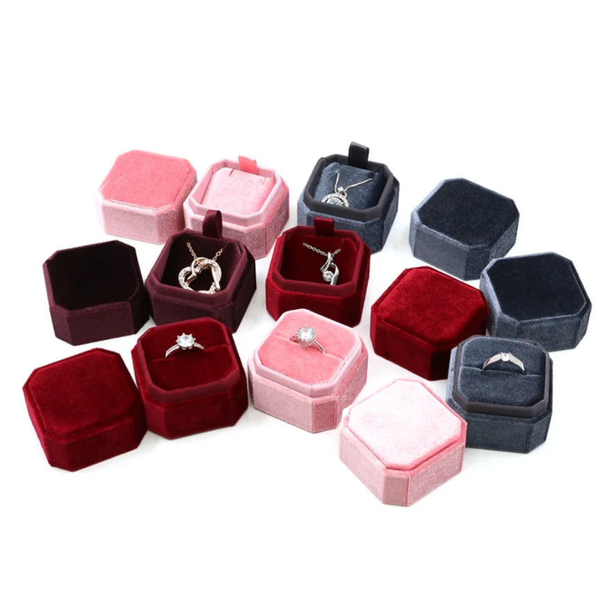 

Elegant Design Custom Logo Luxury Vintage Octagon Velvet Jewelry Packaging Box Wedding Heart Double Ring Pendant Box, Pink/green/red/blue/white