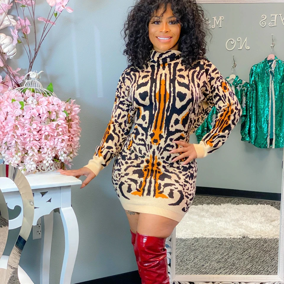 

China Manufactory Produce Sexy European And American high Neck Long Puff Sleeve leopard Cotton dresses women sexy, As picture