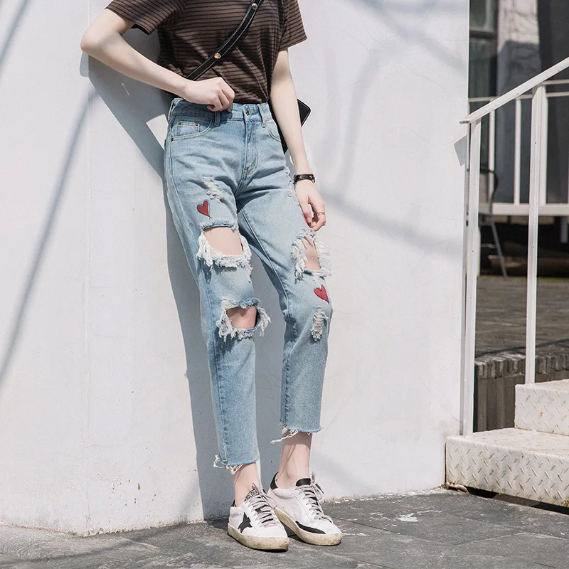 

Latest Basic Women Ripped with Slit High Waist Loose Jeans Fit Elastic Ladies' Jeans for Womens, Custom color