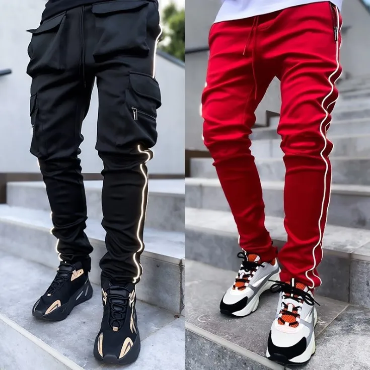 

custom logo Men's Trousers Reflective cargo jogger pants with pockets sweat pants, 6 colors