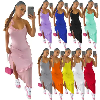 

2021 New Summer Solid Women Hatter Sleeveless Casual Dress Ladies Ruffle Irregular Stacked Maxi Dresses