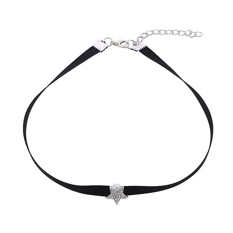 

2020 Wholesale Clear Zircon Star black leather choker Necklace for party
