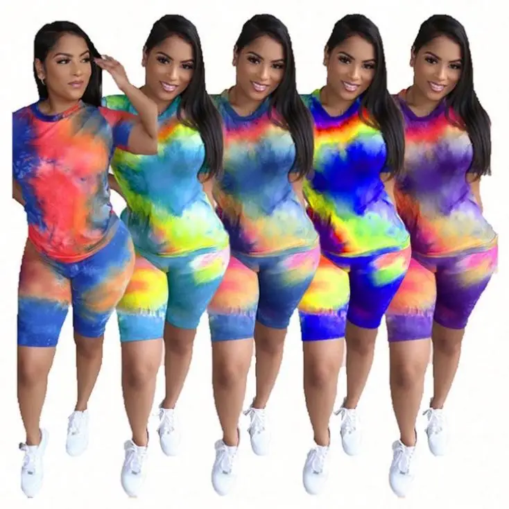 

2020 New Design Tie Dye Outfits Women Two Piece Sets 2 Piece Biker Short Set Women Clothing