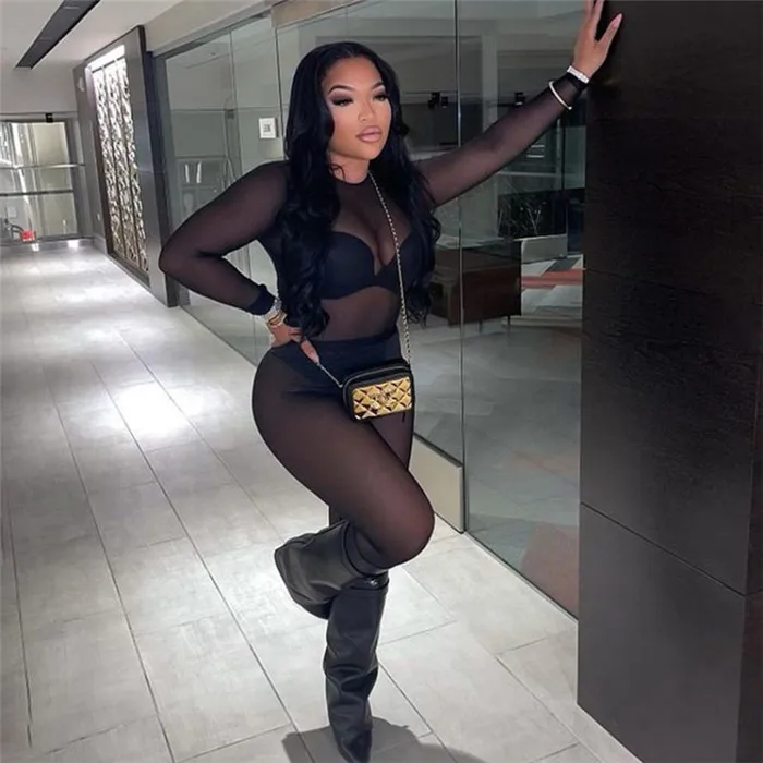

S8917-autumn women jumpsuit latest see through mesh long sleeve skinny jumpsuit, Picture shown