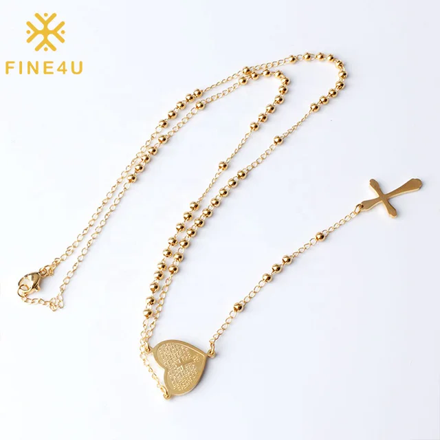 

Religious Prayer Beads Stainless Steel Christian Gold Plated Heart Virgin Mary Pendant Cross Catholic Rosary Necklace