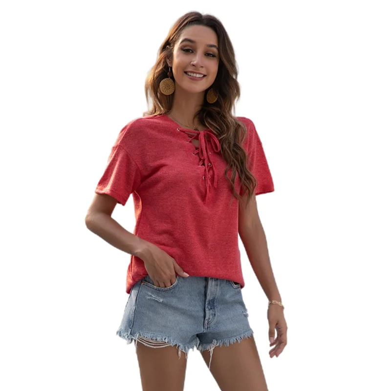 

B1835 2021 women's summer new sexy V-neck lace up solid short sleeve T-shirt for European and American ladies