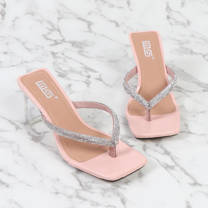 

Hot Sell Open Toe High Heels Women's Pumps Clear Chunky Rhinestone Bling Flip Flops Square Transparent Block Heeled Sandal Shoes