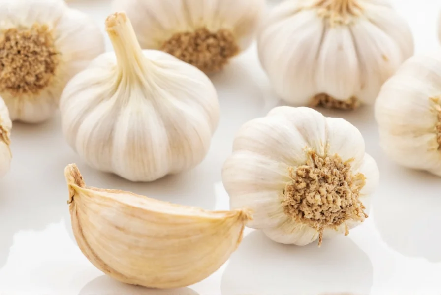 Visual comparison of garlic measurements: fresh cloves next to teaspoon measurements