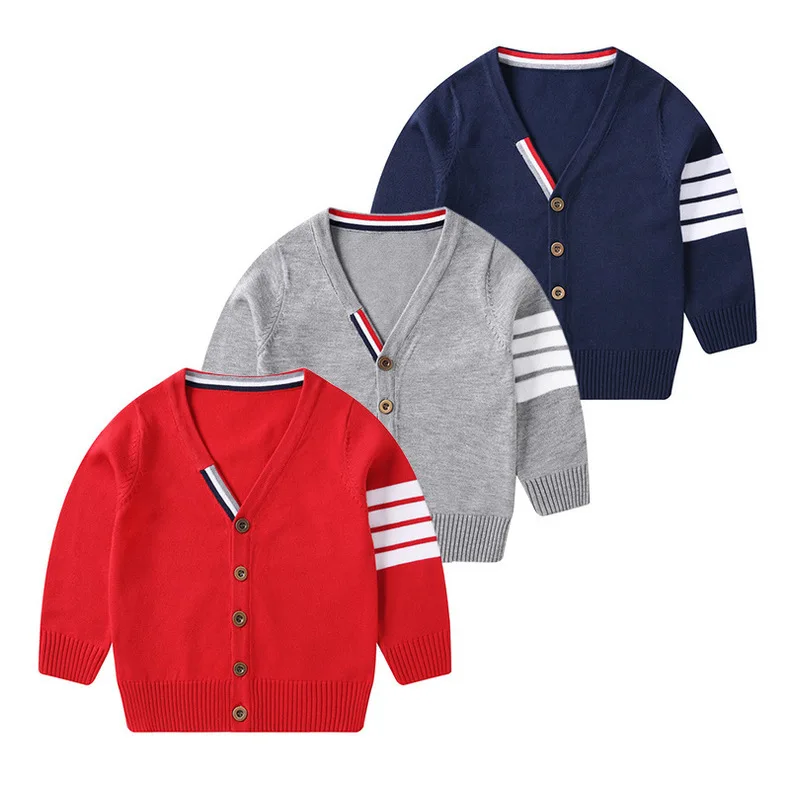 

100% cotton boy knitwear kids solid color V-neck cardigan for toddlers baby boy sweaters