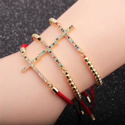 

Religious Colorful Zircon Cross Bracelet Charm Beads Micro Paved CZ Cross Bracelet For Women