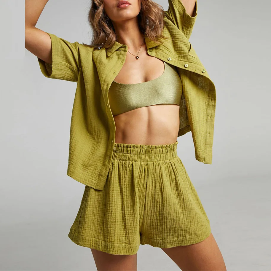 

Wholesale Short Pants Loose Soild Color Shirt Pajamas For Women Set