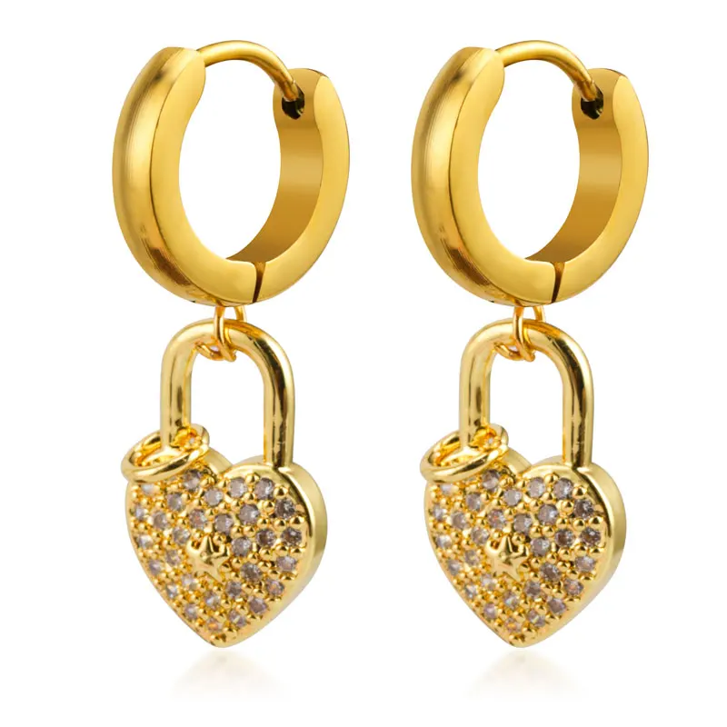 

New fashion Stainless Steel jewelry Gold Plated zircon lock clip-on hoop Earrings