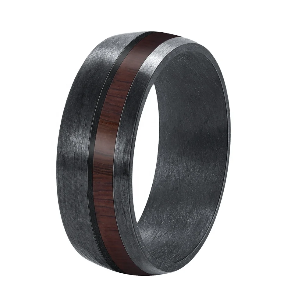 

POYA Jewelry 8 mm Black Carbon Fiber Ring Offset Wood Inlay Men's Wedding Band