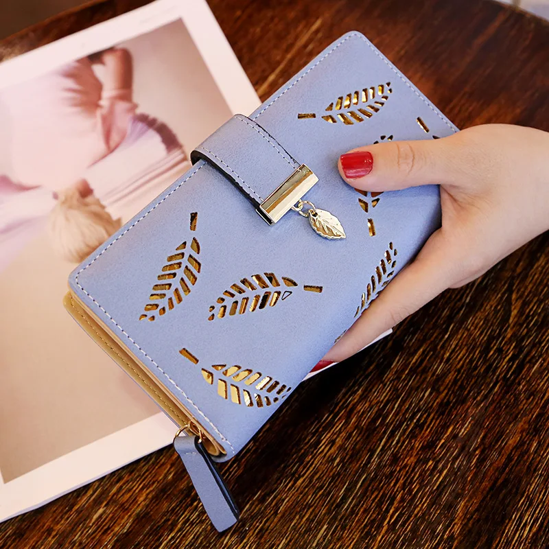 

2021 new designer PU leather women wallet gold hollow leaf lock catch purse