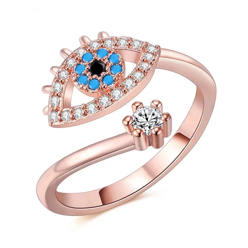 

In Stock Fast Shipping High Quality Rose Gold Plated Opened Copper+Crystal Evil Eye Ring Adjustable Jewelry, As photo