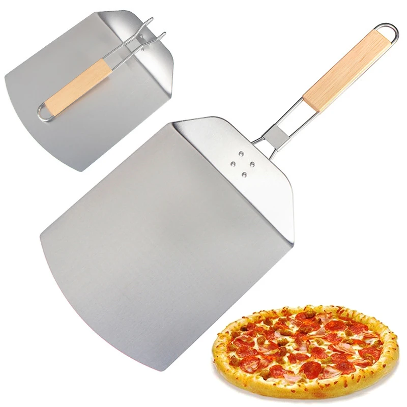 

Moveable wood handling stainless steel shovel square pizza peel Folding peel with rubber wood handle Pizza Peel Shovel