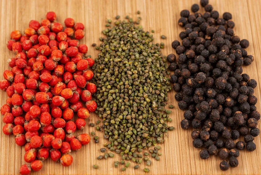 Close-up comparison of red Sichuan peppercorns, green Sichuan peppercorns, and black peppercorns on wooden background