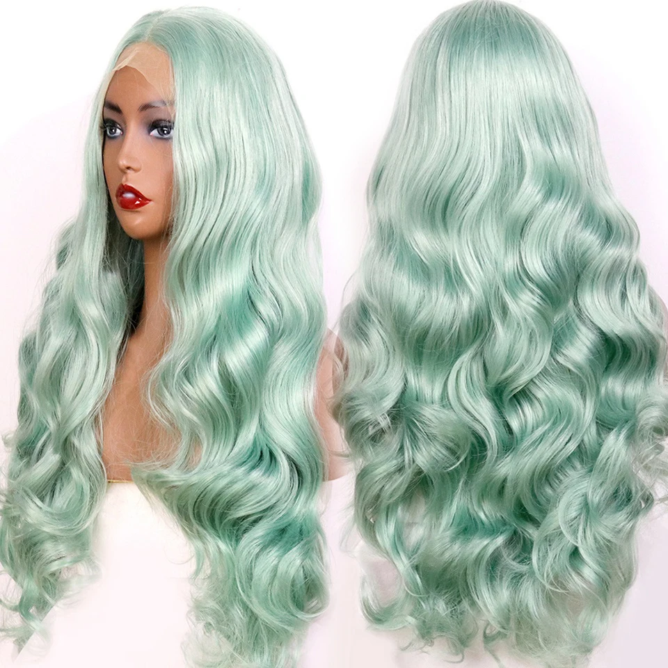 

Handmade Factory Price Lace Synthetic Front Wig Light Green Long Body Wave Heat Resistant Fiber Baby Hair For Woman Cosplay