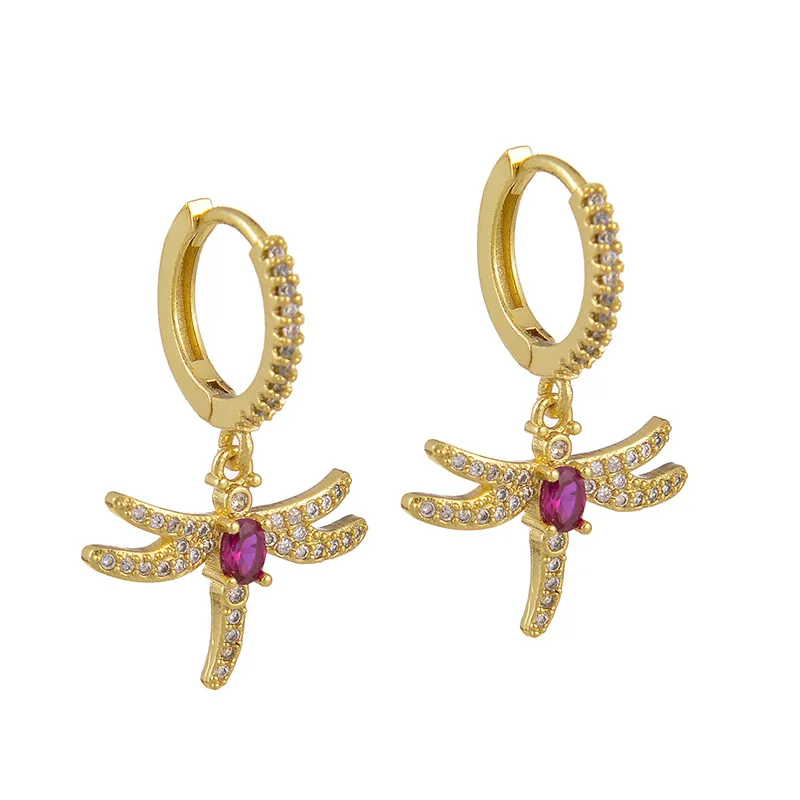 

Korean Trendy Gold Plated Micro Cubic Zircon Dragonfly Drop Earrings Cute Inlaid Pink Square Animal Circle Hoop Earrings