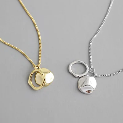 

European Fashion 925 Sterling Silver Silver Gold Circle Pendant Necklaces Golden Irregular Bumpy Coin Necklaces
