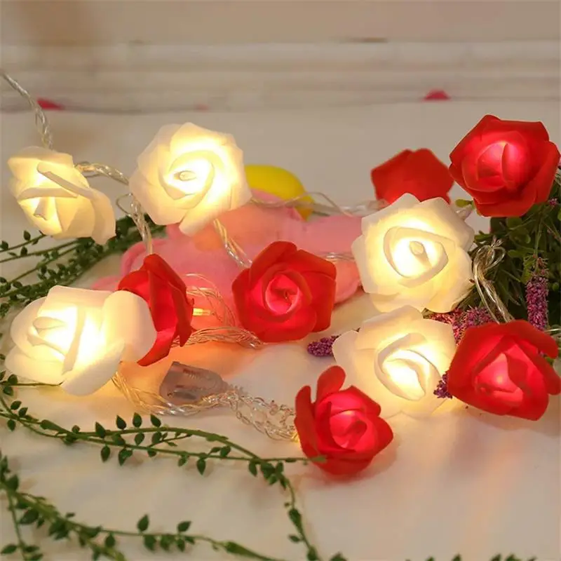 High Quality Wedding Valentine's Day Party Bedroom Living Room Decor  Red White Rose Flower Indoor Fairy Lights