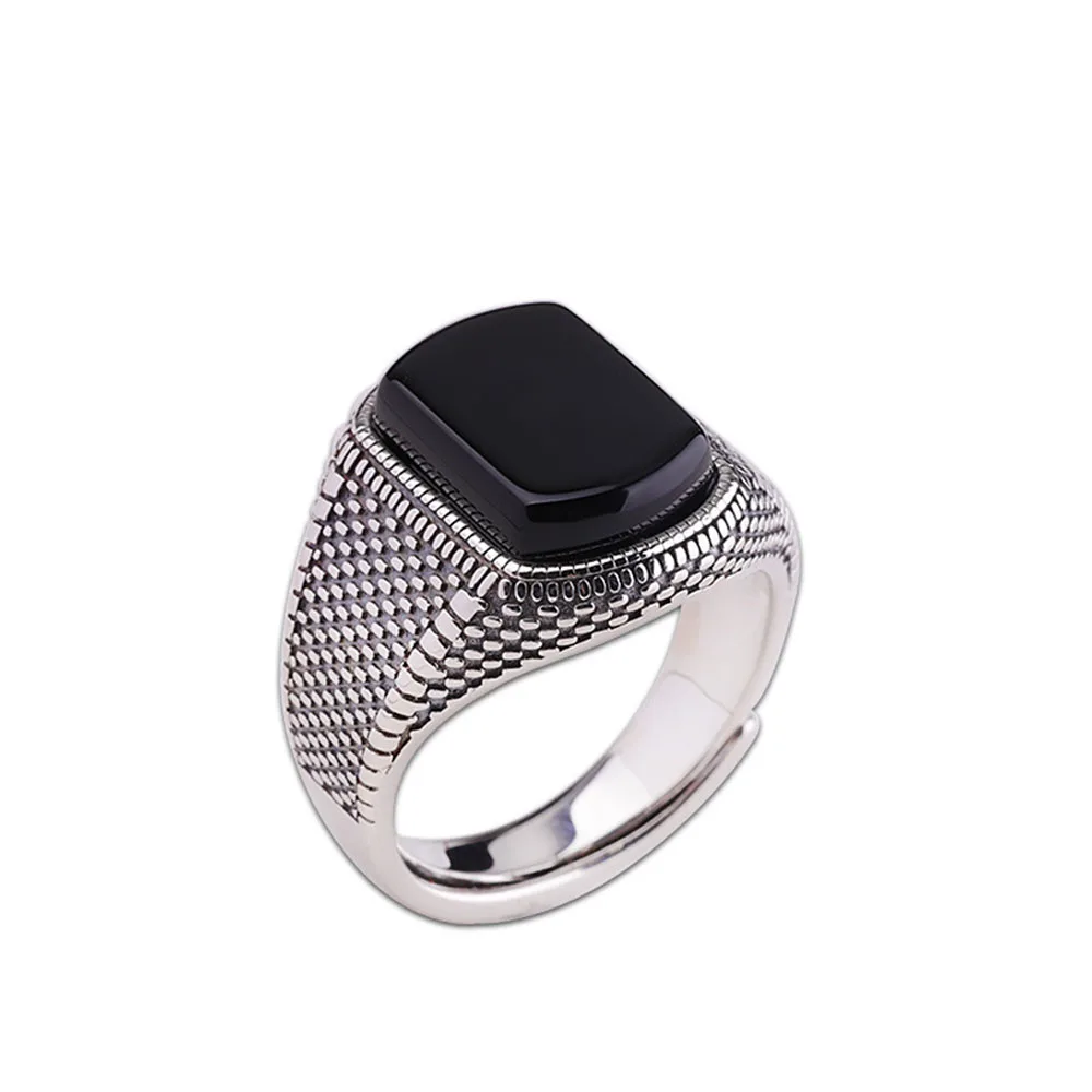 

Fancy new design jewelry Thai silver S925 silver open personality men's black agate ring