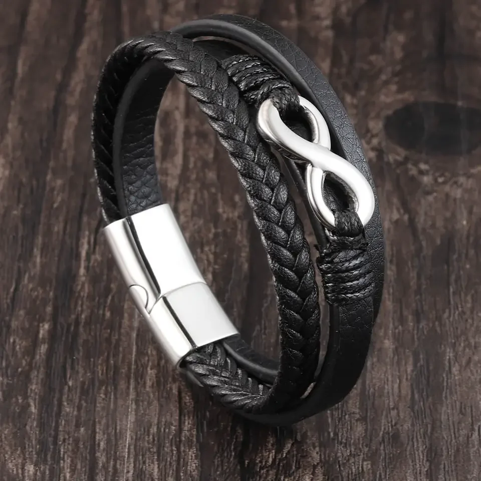 

Personality Creative Stainless Steel Number 8 Bracelet Snap Button Pu Leather Number Strap Bracelet for Men