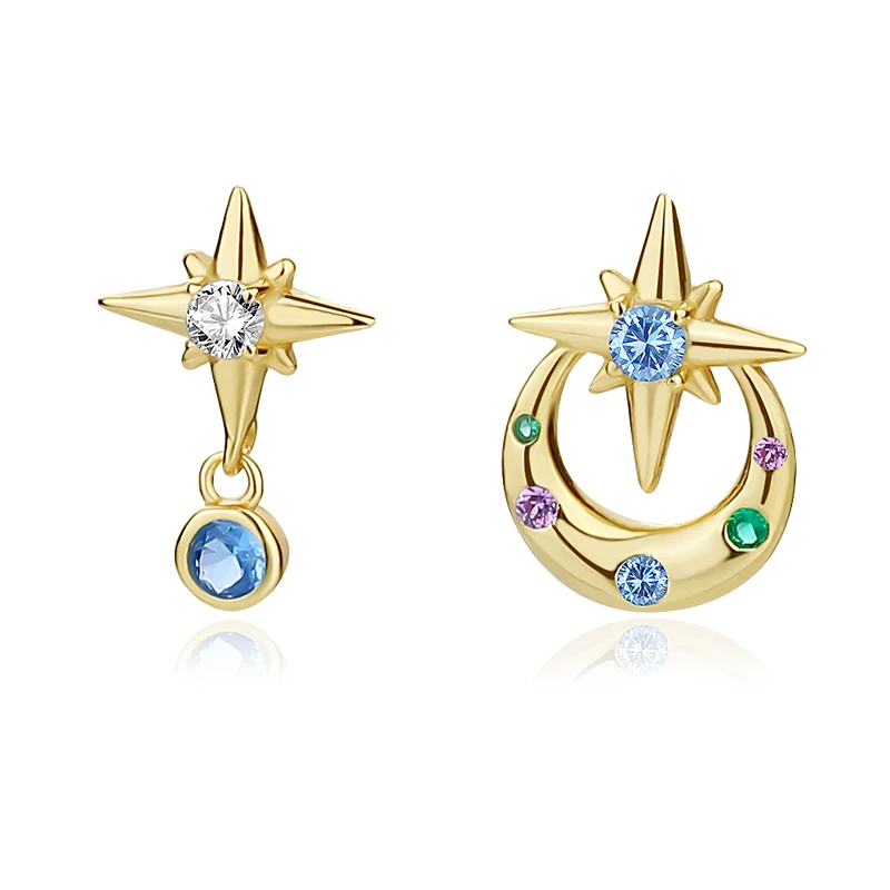 Original Design Colorful Stone Jewellery 925 Silver Dainty Blue Zircon Moon and Star Asymmetry Earrings Studs for Women