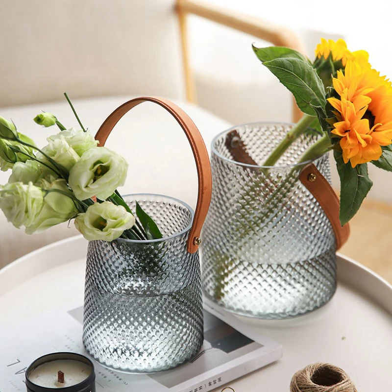 

Nordic Lattice Glass Vase For Home Decor Crystal Flowers Vases With The Leather Handle Tabletop Decoration