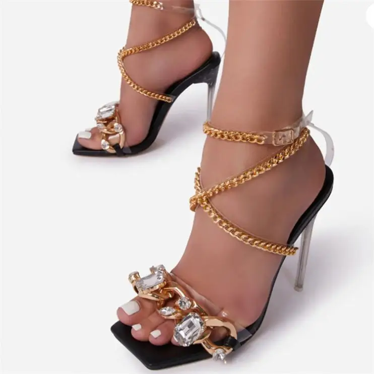 

D14317 Solid Color Serpentine Square Toe Rhinestone Chain Stiletto Ladies Shoes Women's Sandals Heeled Sandals