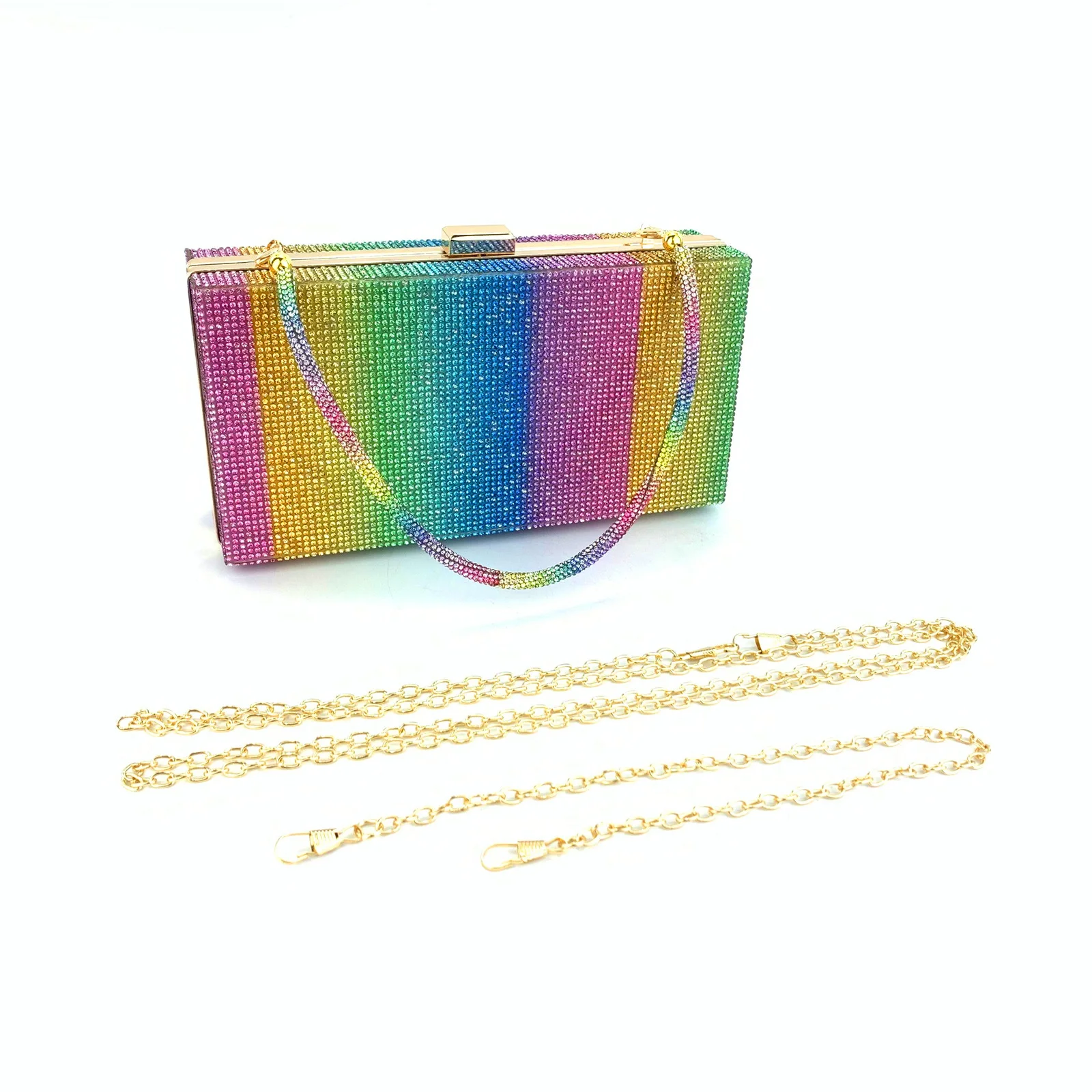 

2021 latest bling rainbow rhinestone luxury handbags for women diamond clutch evening purse bag, 4 colors as picture