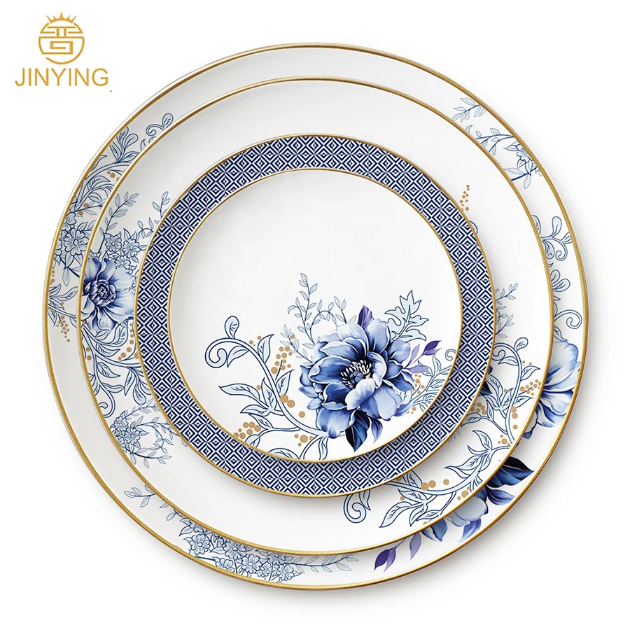 

Wholesale chinese style Handmade Fine Bone China Wedding dinner Plates Blue Luxury ceramic Plates Sets Dinnerware