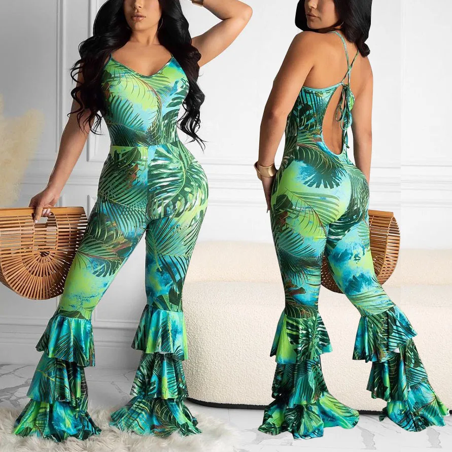 

FS4066D Beach Print Sleeveless Boot Cut Jumpsuit Fashion Party Women One Piece summer Jumpsuits
