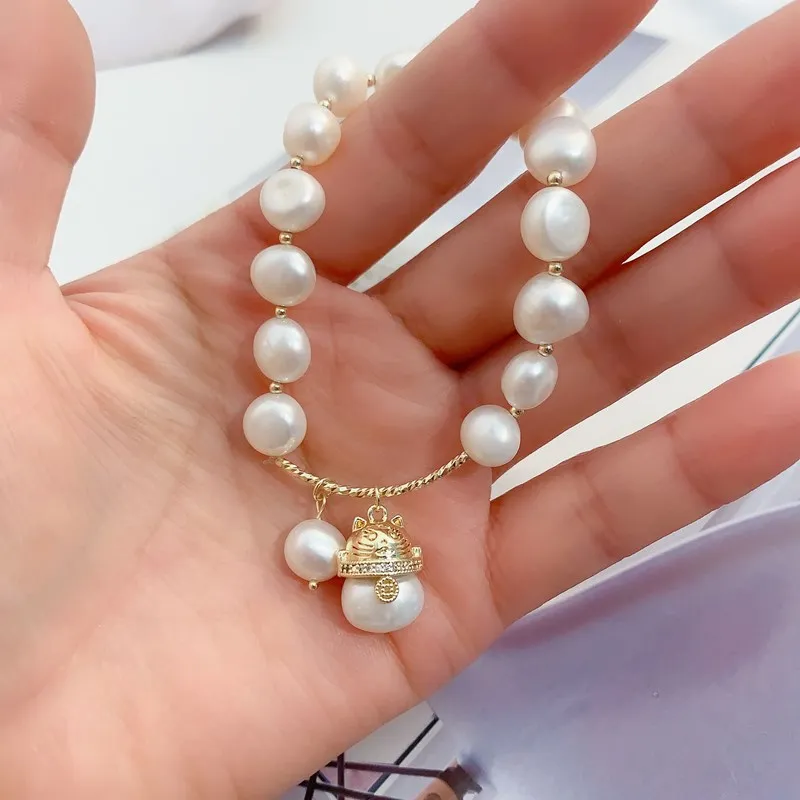 

Wholesale New Arrival Colorful Pearl Beaded 14K Gold Plated Lucky Cat Charm Bracelet Lucky Animal Korean Charm Pendant Bracelet, As a picture