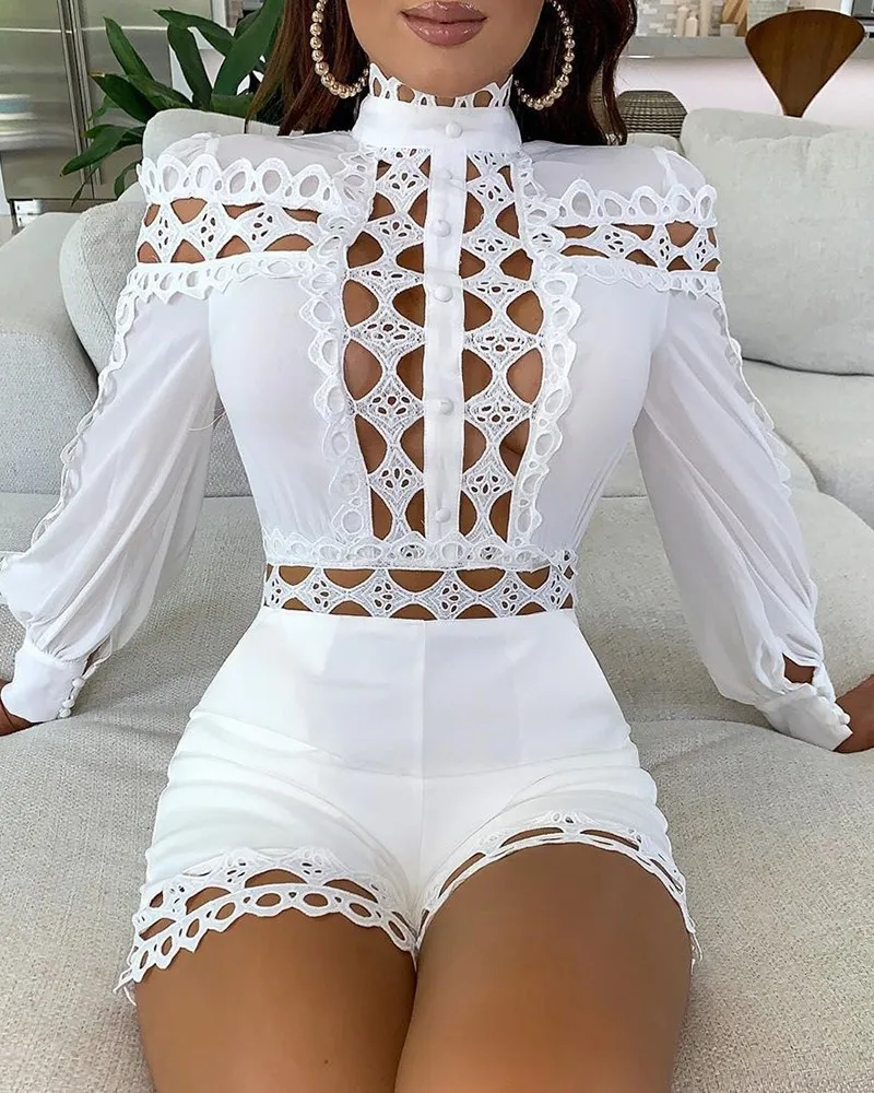 

Women Lattice Design Hollow Out Romper Summer Sexy Romper Playsuits Solid Embroidery Hollow Out Summer Sexy Bodycon Rompers